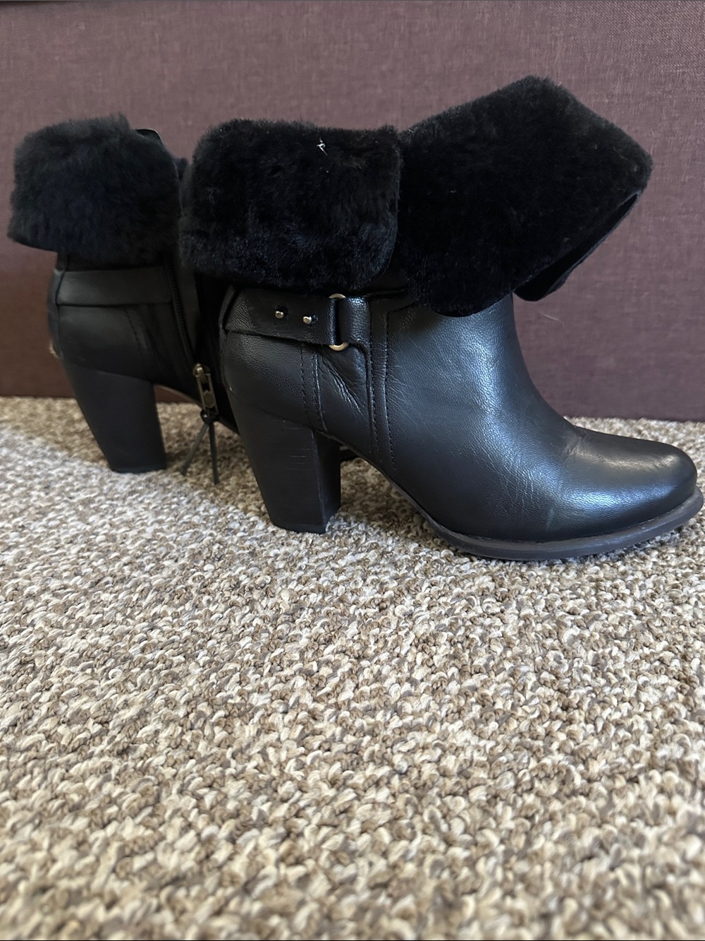 UGG Black Faux Fur Cuff Block Heel Ankle Boots